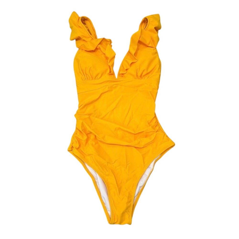 NWT Cupshe Yellow Gold Ruffled Lace Up One Piece Swimsuit Size S